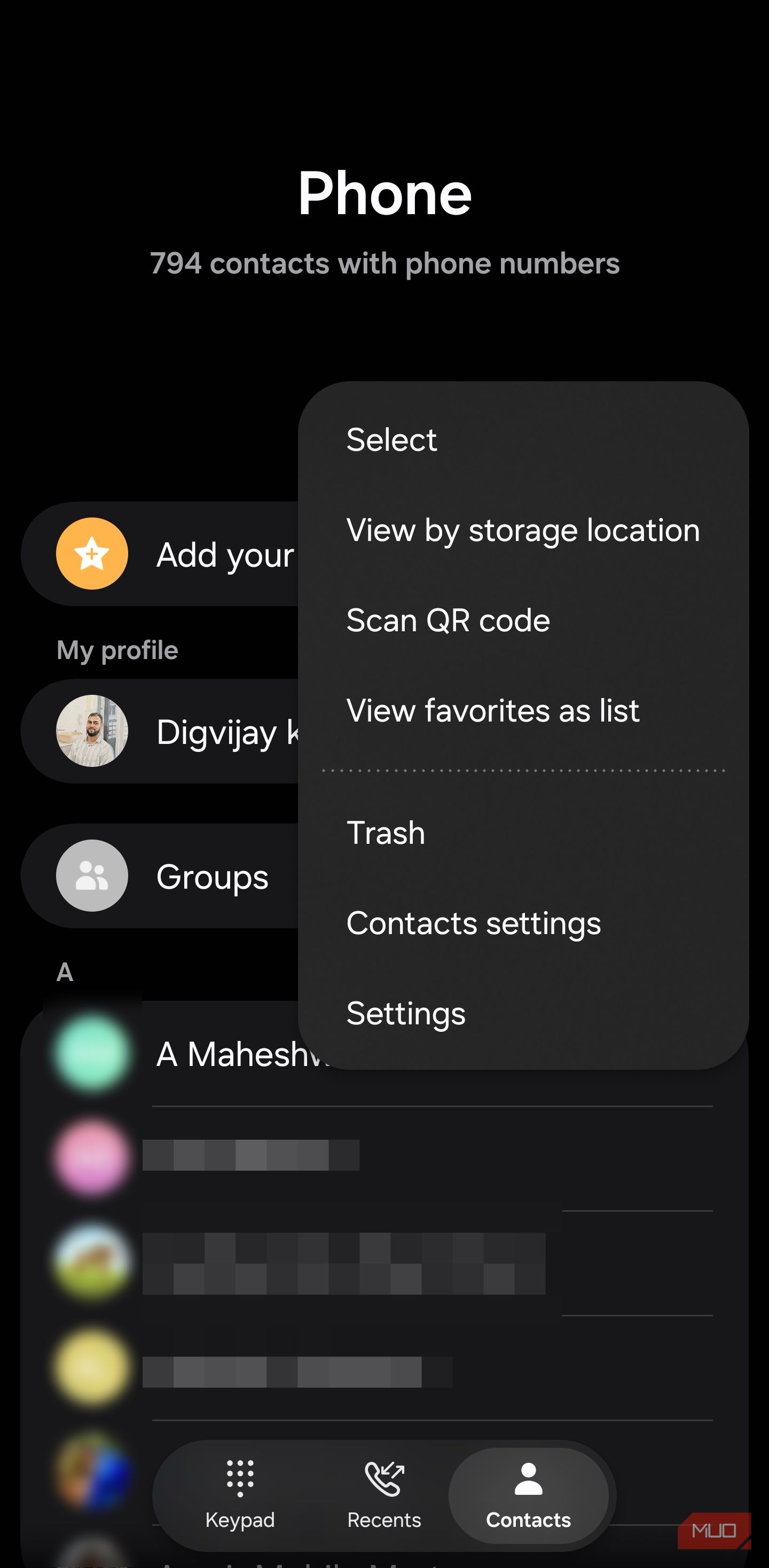 Samsung Phone contacts menu with Trash option