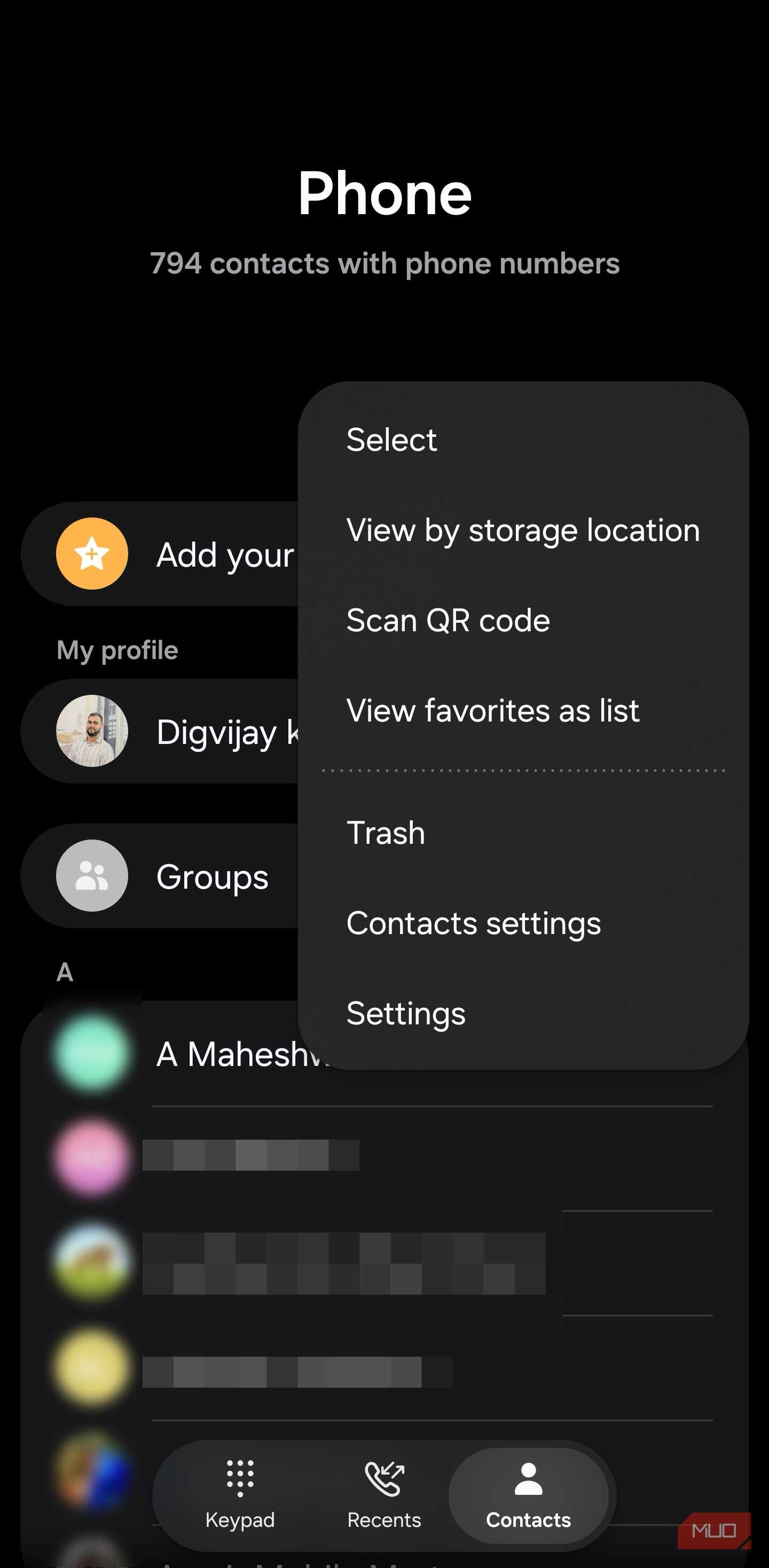 Samsung Phone contacts menu with Trash option