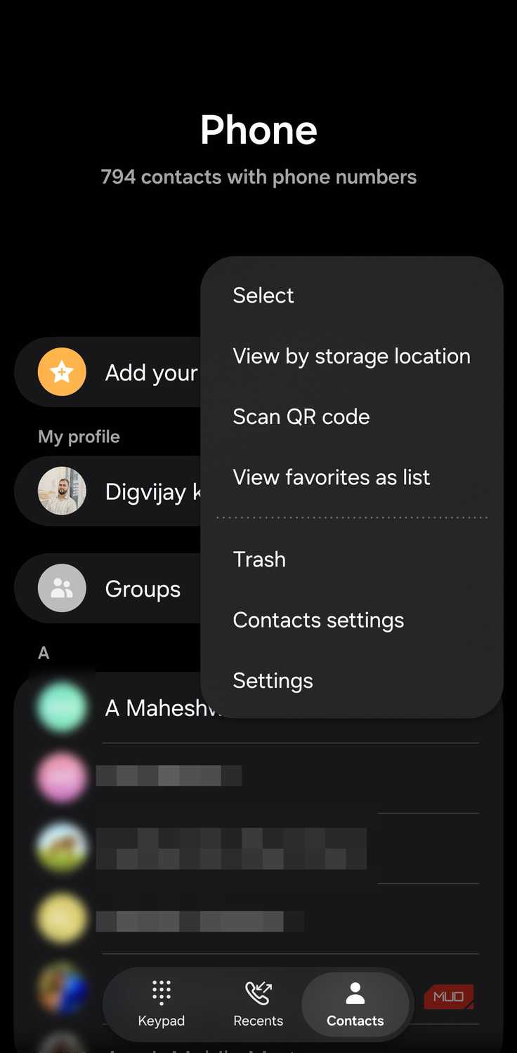 Samsung Phone contacts menu with Trash option