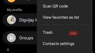 Samsung Phone contacts menu with Trash option