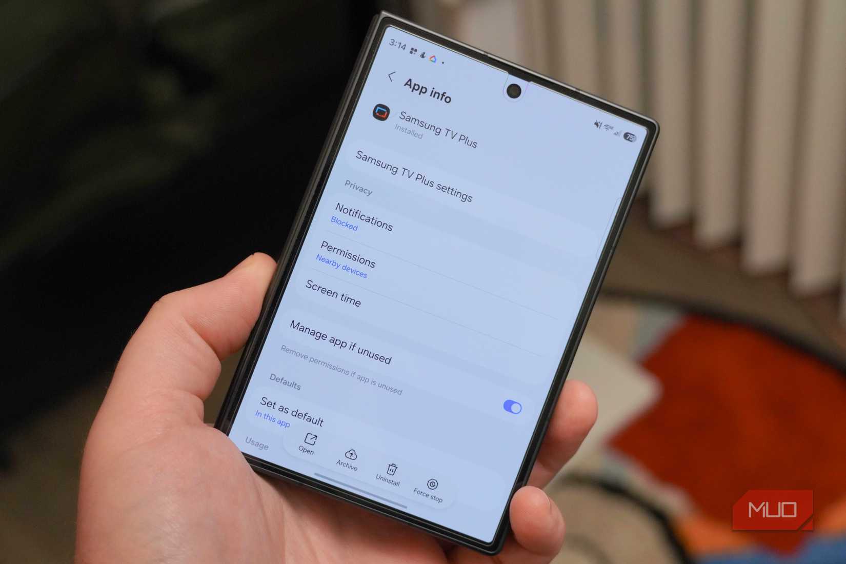 The Samsung TV Plus app in the Settings app on a Galaxy Z Fold 8.