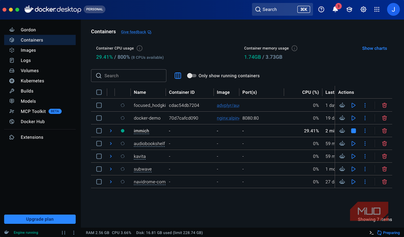 Docker Desktop, showing various containers.
