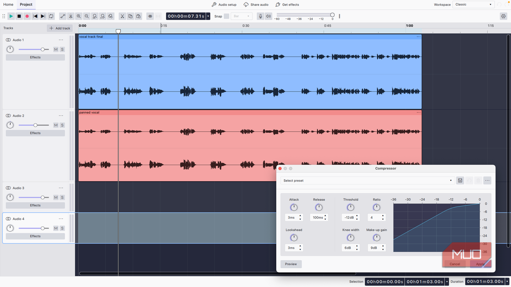 Audacity 4 set to Classic view, with light mode enabled. 