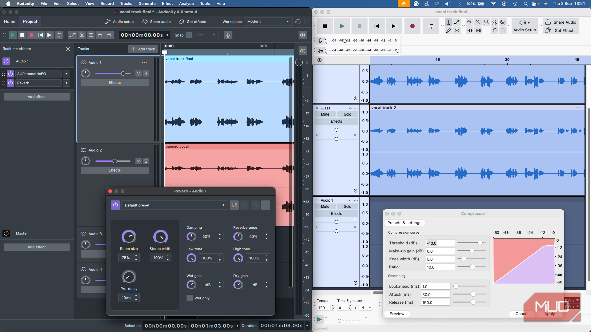 Audacity versions 3 and 4 in a side-by-side comparison.