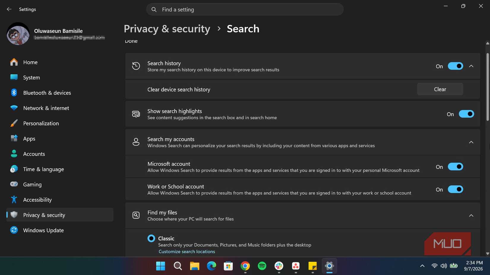 Search setting in Windows