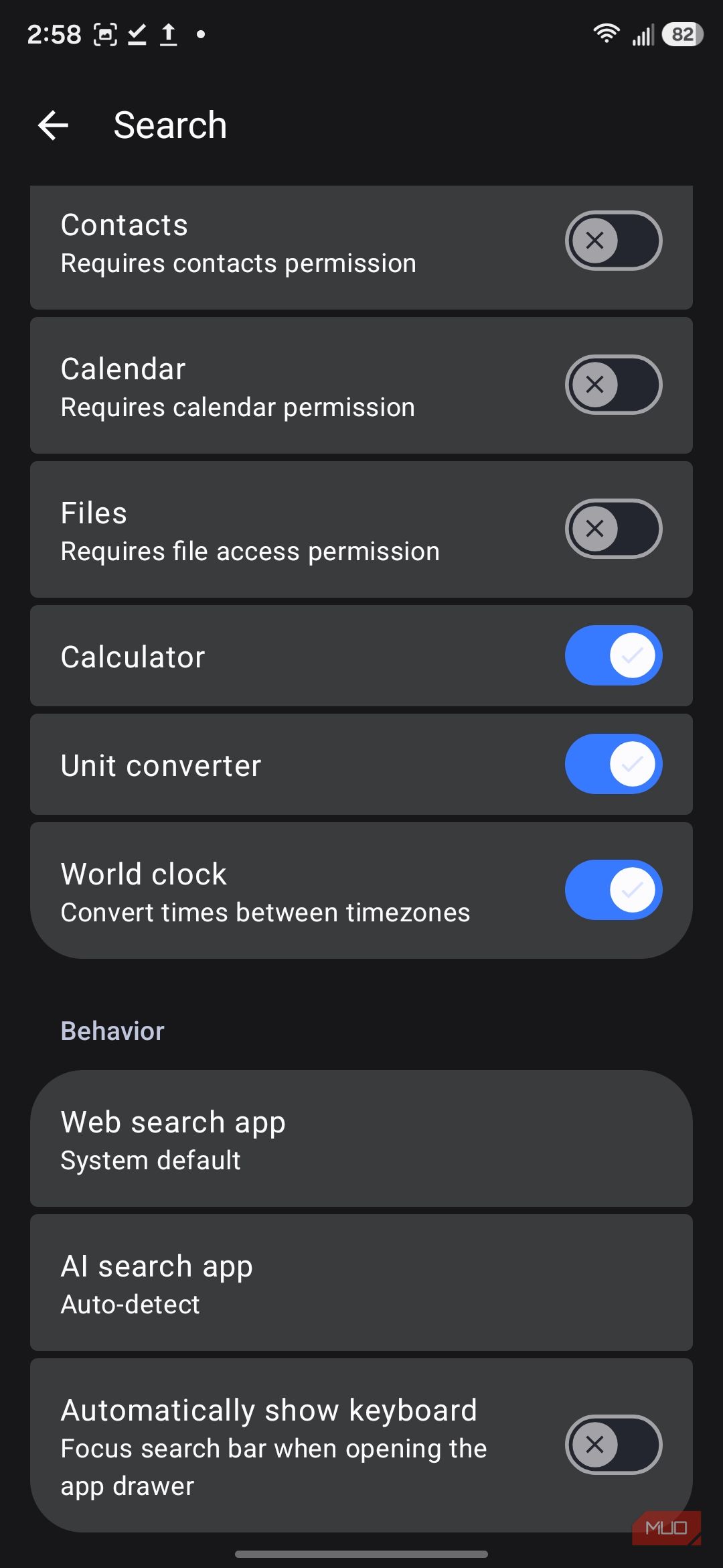 Search settings menu with permission toggles
