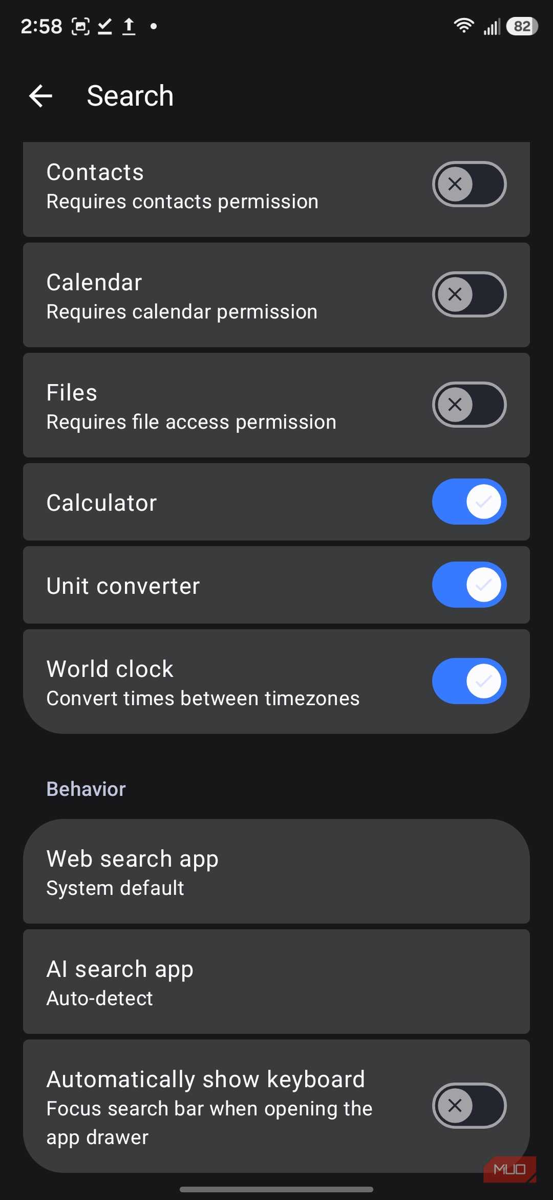 Search settings menu with permission toggles
