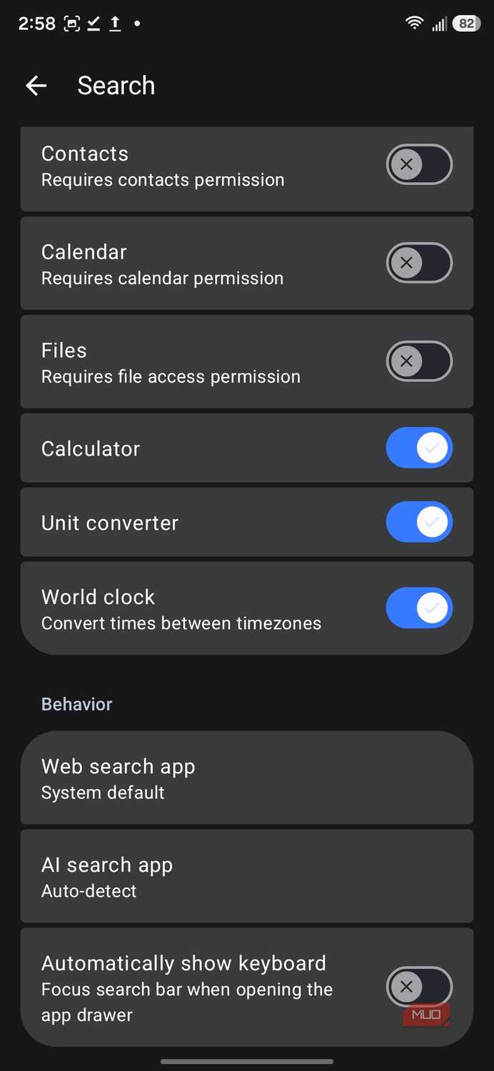 Search settings menu with permission toggles