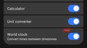Search settings menu with permission toggles
