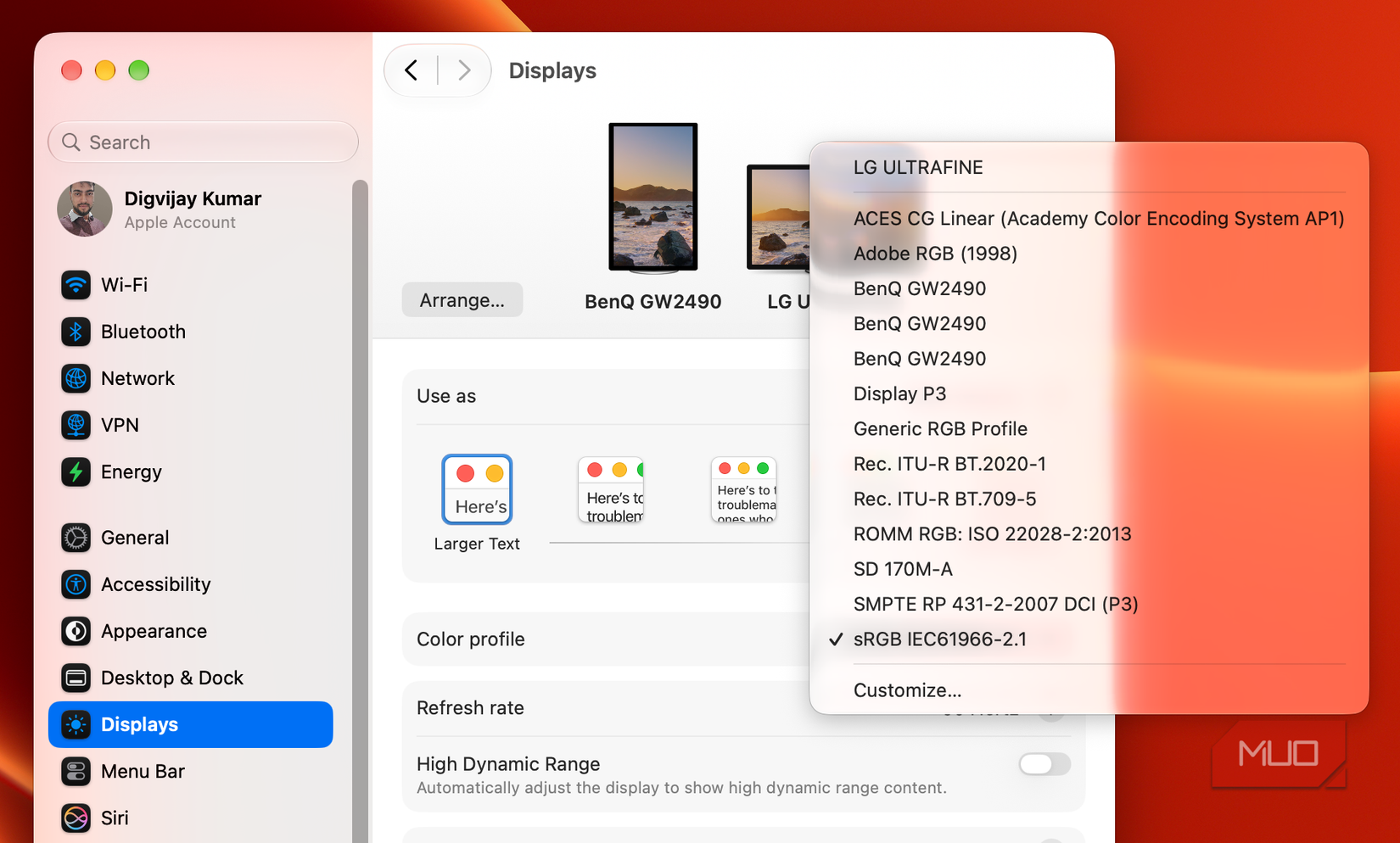 Selecting sRGB color profile in macOS settings