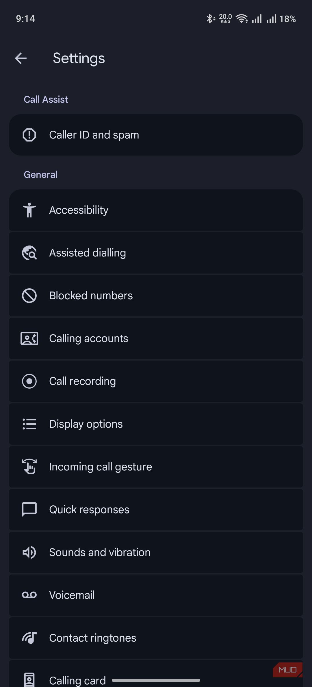 the settings page of the phone app on Android