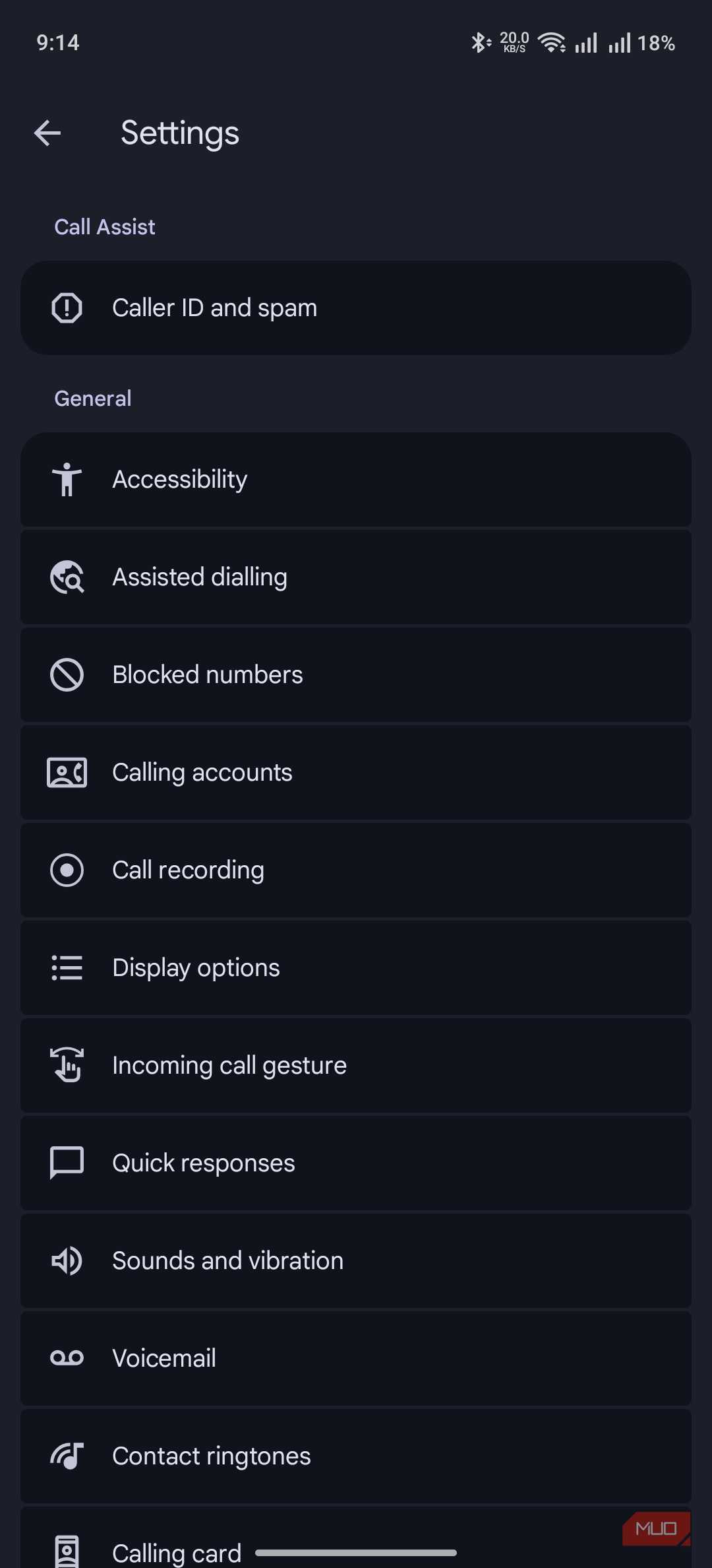 the settings page of the phone app on Android