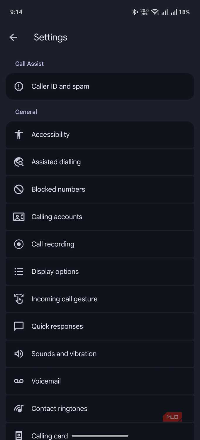 the settings page of the phone app on Android