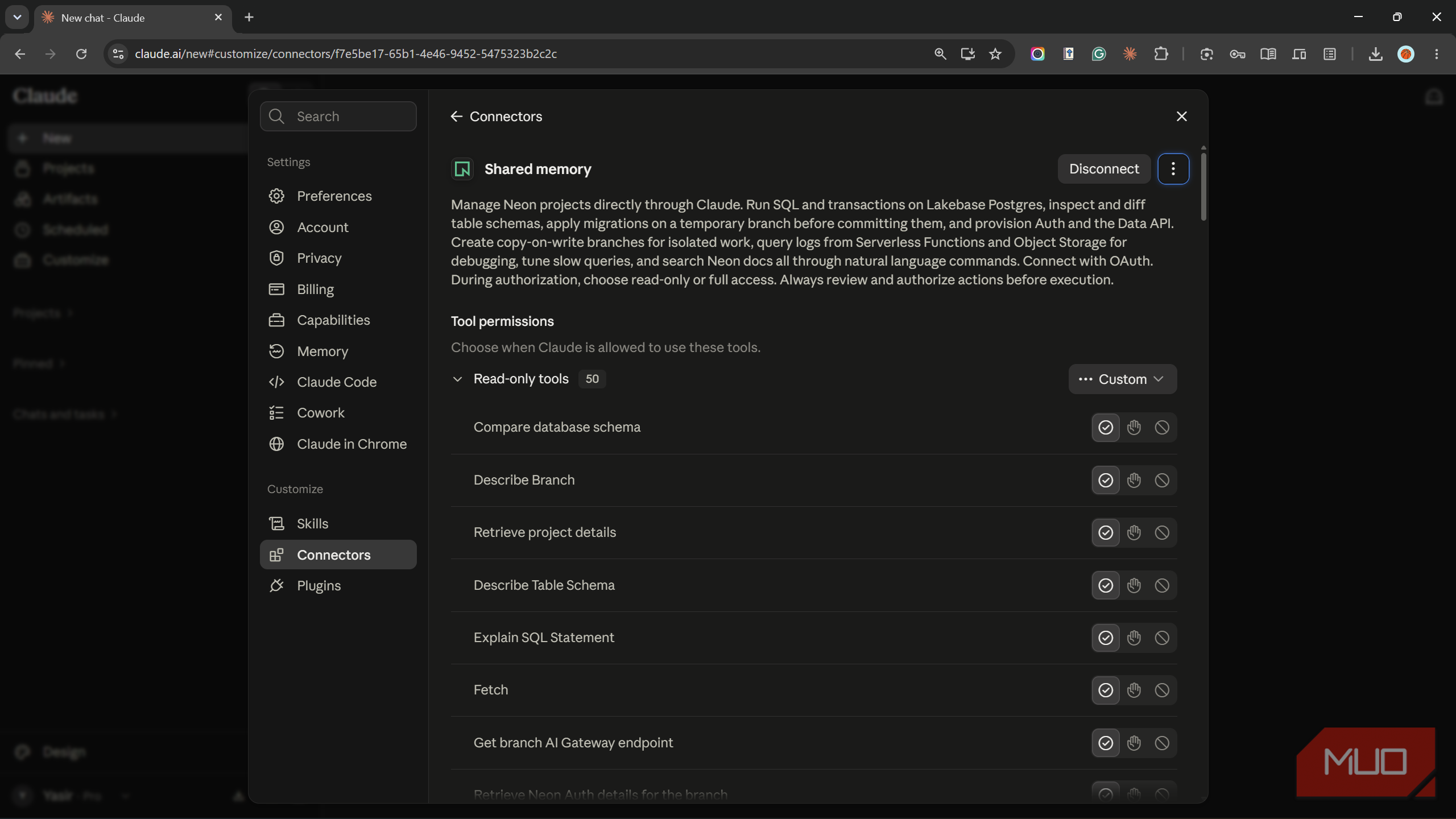 Shared memory connector in Claude showing its tool permissions.