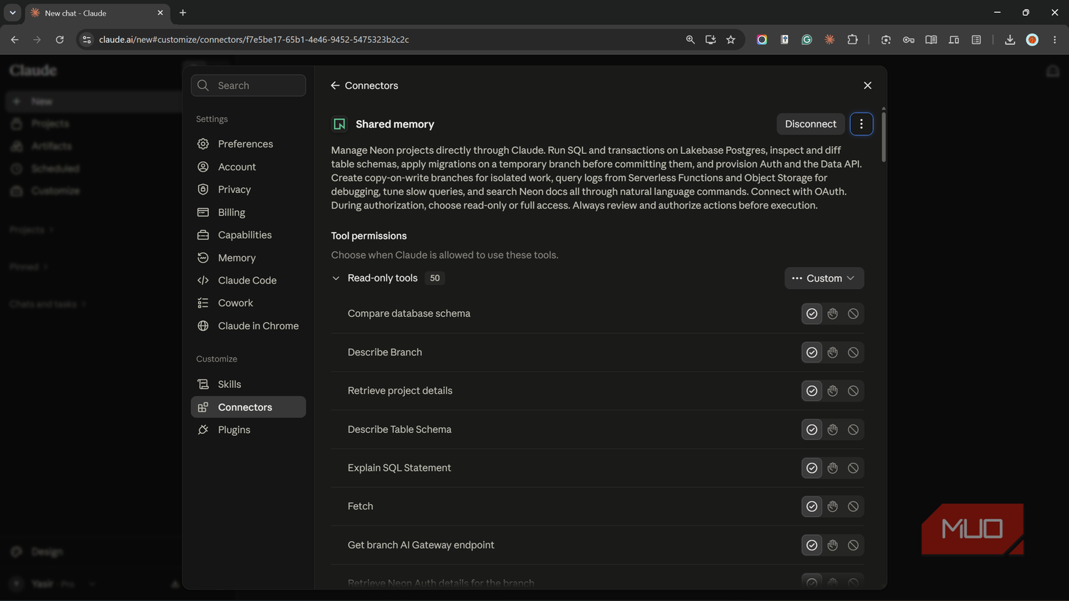 Shared memory connector in Claude showing its tool permissions.