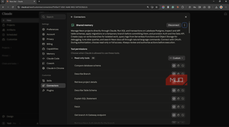 Shared memory connector in Claude showing its tool permissions.