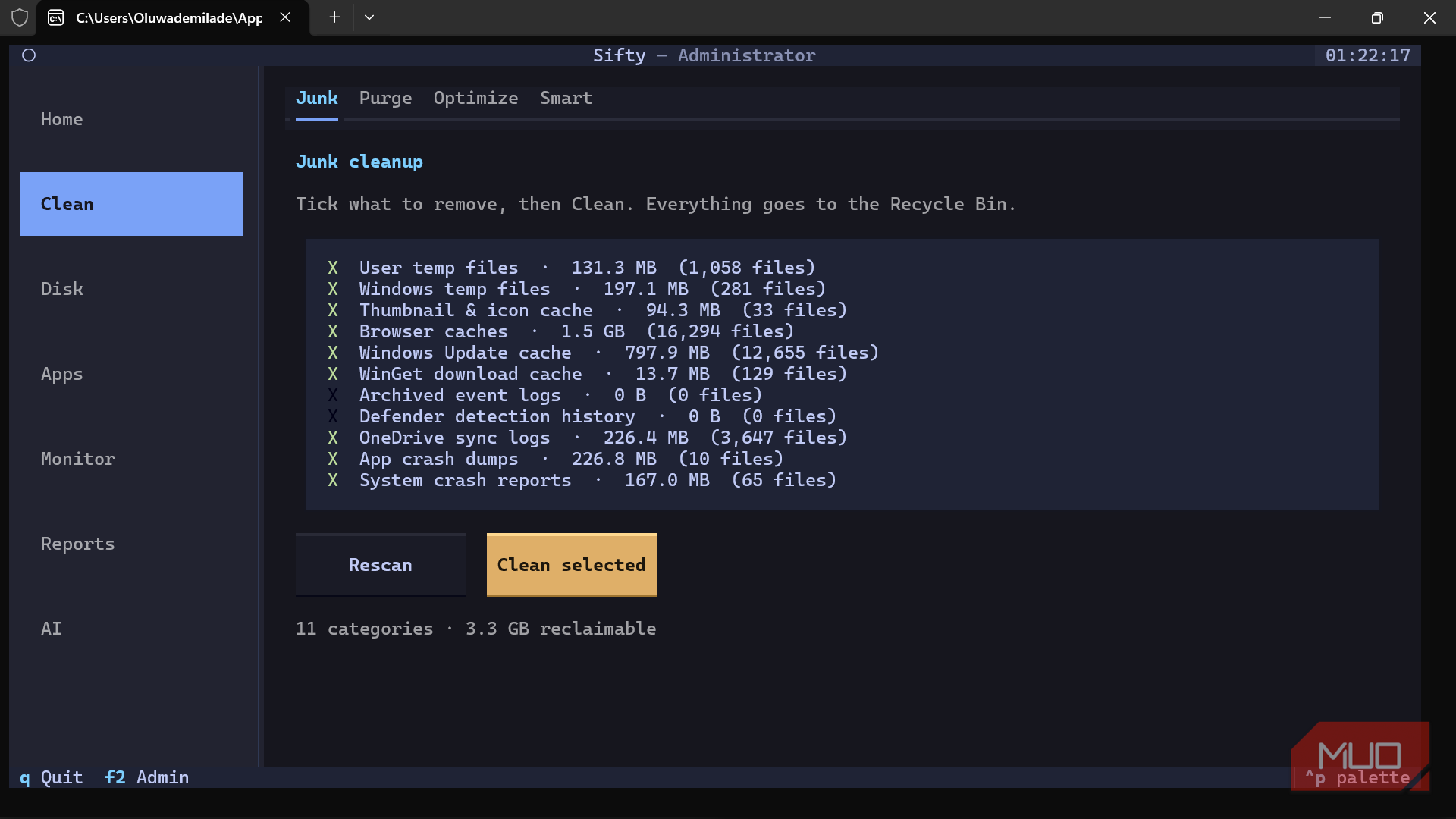 Sifty app showing junk cleanup tool interface