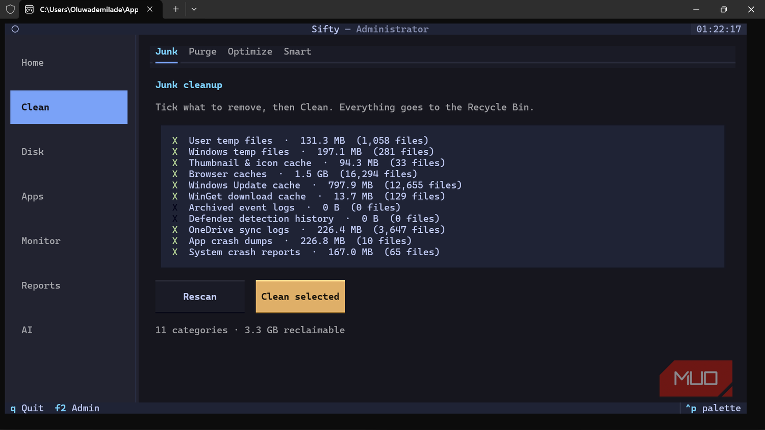 Sifty app showing junk cleanup tool interface