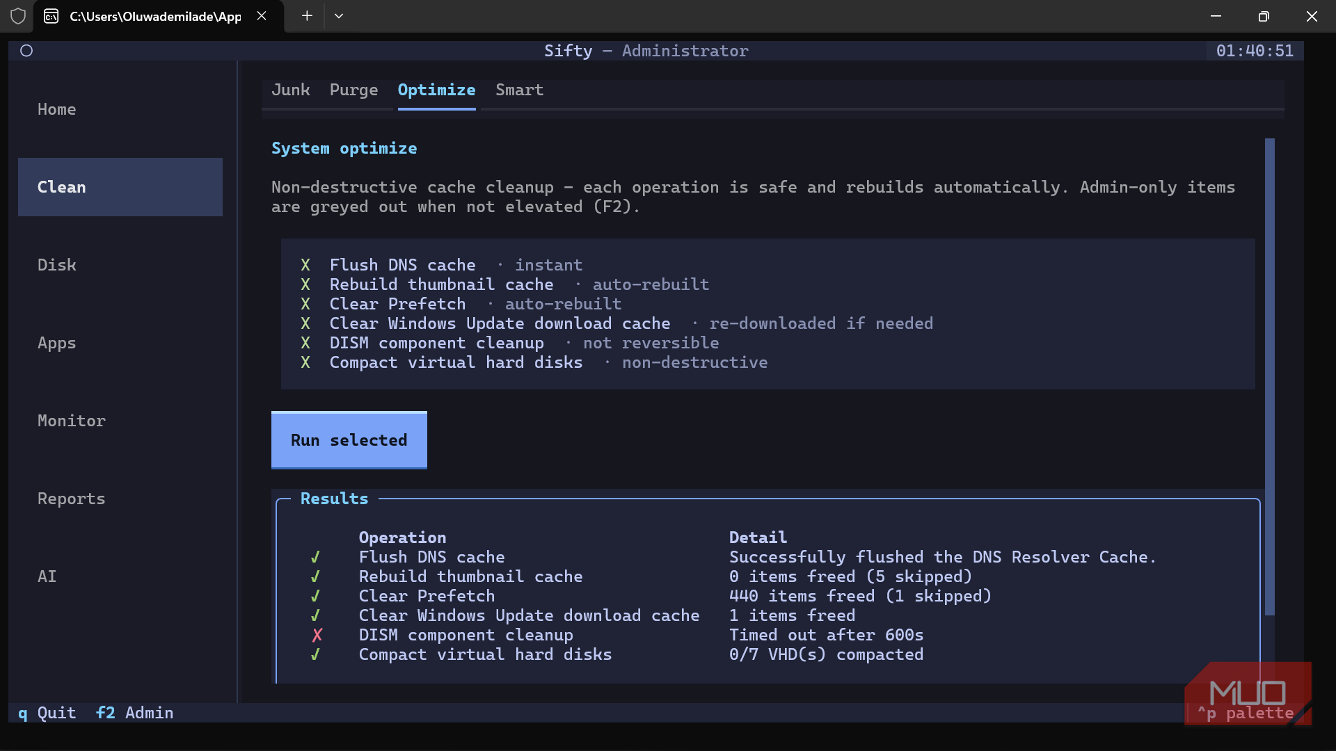 Sifty system optimization and cache cleanup tool