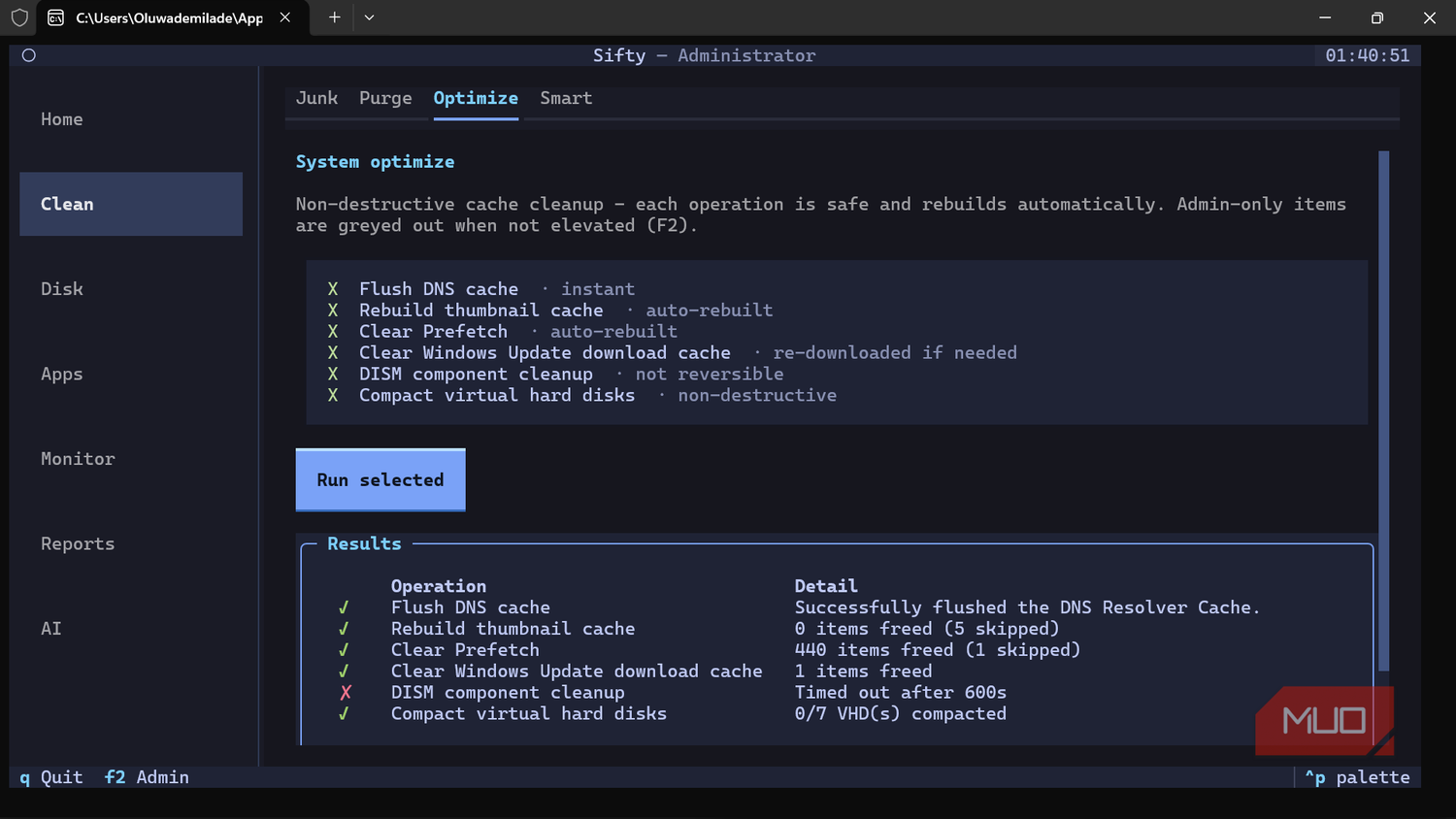 Sifty system optimization and cache cleanup tool