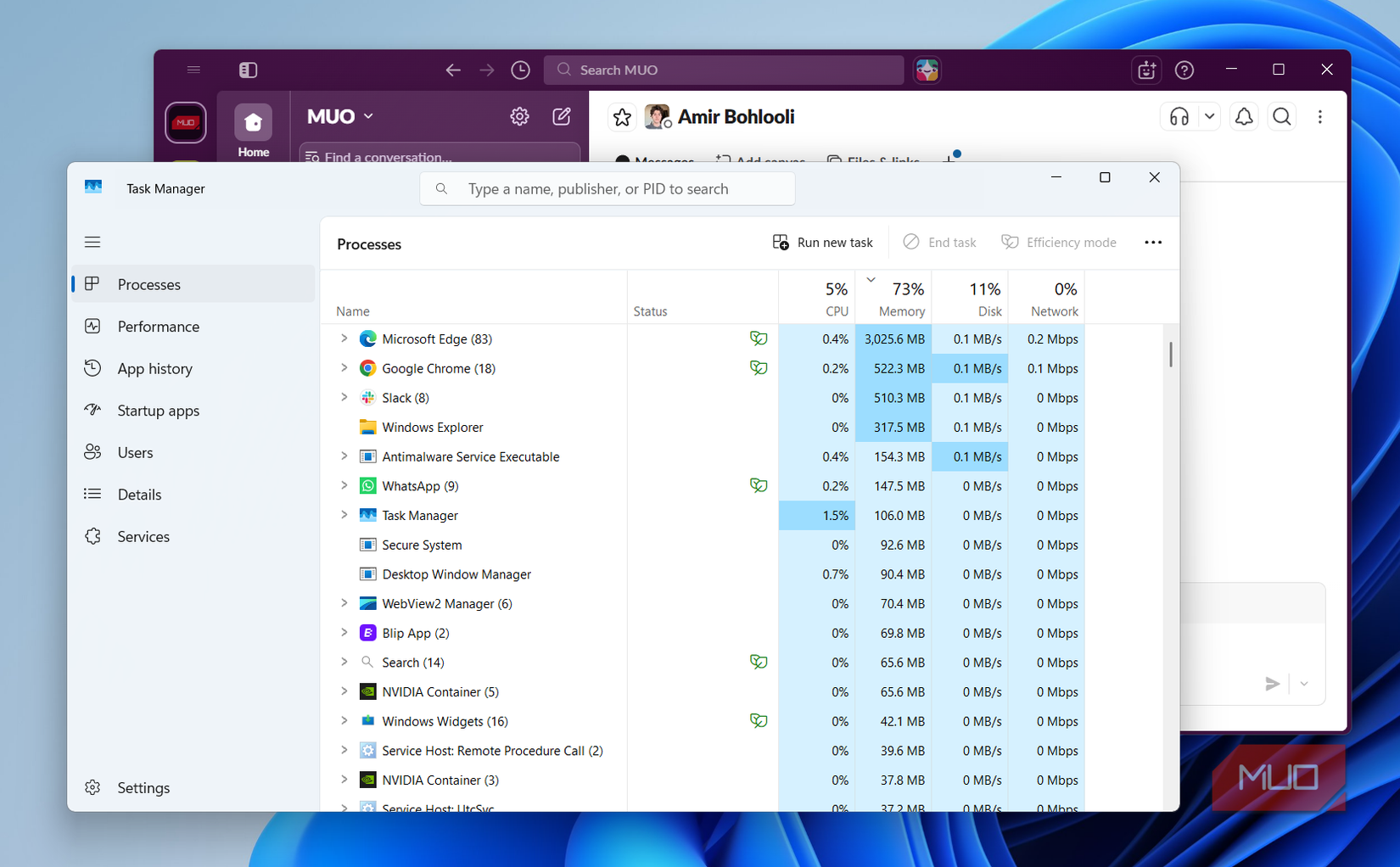 Slack app showing RAM usage
