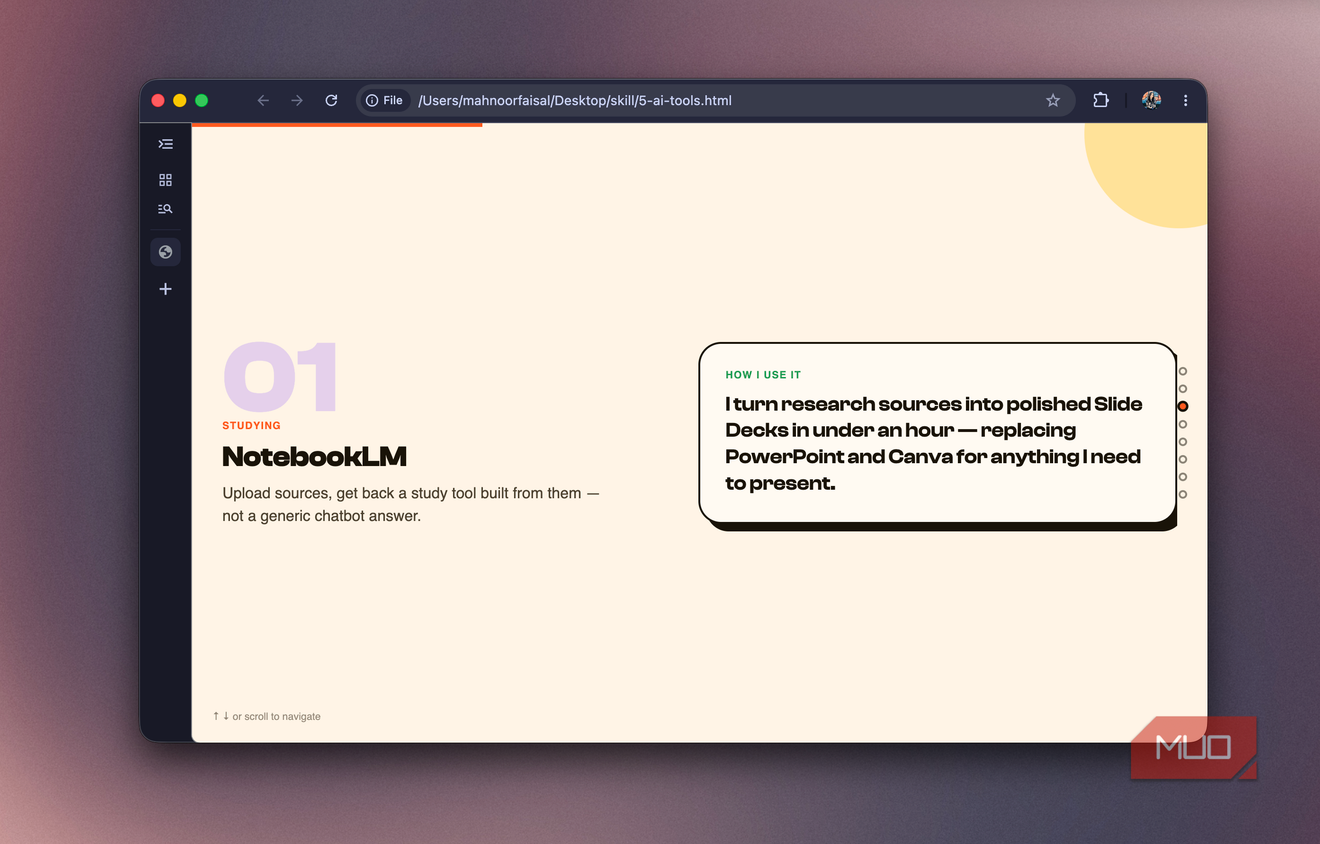 Slide 01 on NotebookLM, describing it as a study tool built from uploaded sources
