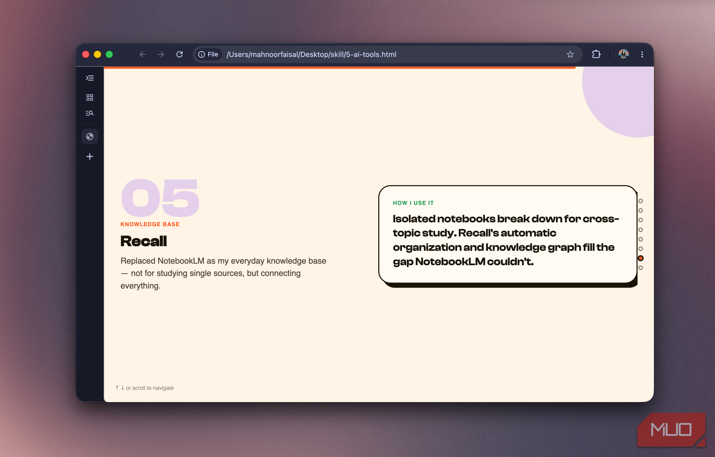 Slide 05 on Recall, a knowledge base tool that replaced NotebookLM for cross-topic study