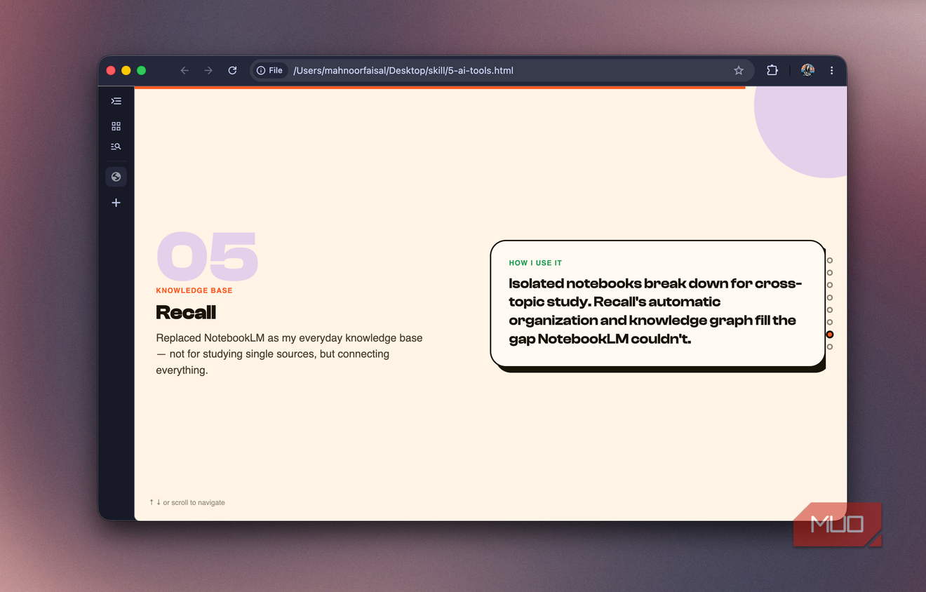 Slide 05 on Recall, a knowledge base tool that replaced NotebookLM for cross-topic study