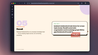 Slide 05 on Recall, a knowledge base tool that replaced NotebookLM for cross-topic study