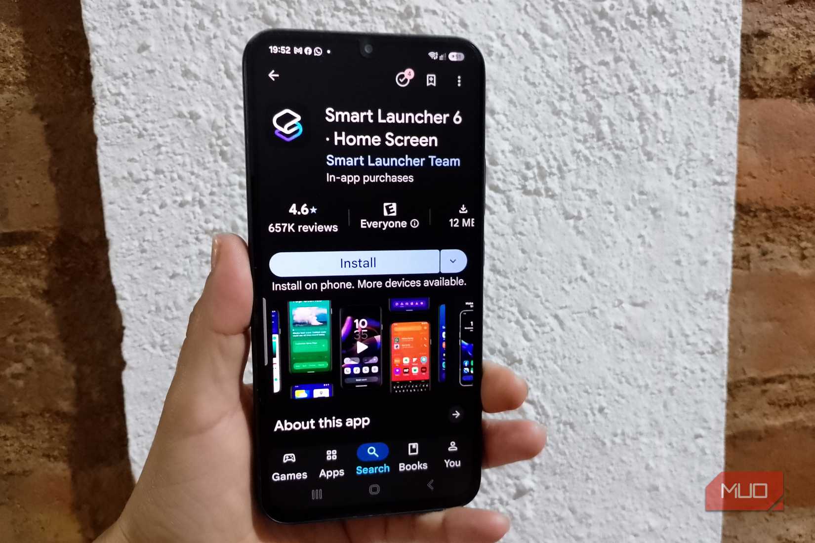 Smart Launcher 6 listing in the Google Play Store on a Samsung Galaxy phone, with the Install button visible