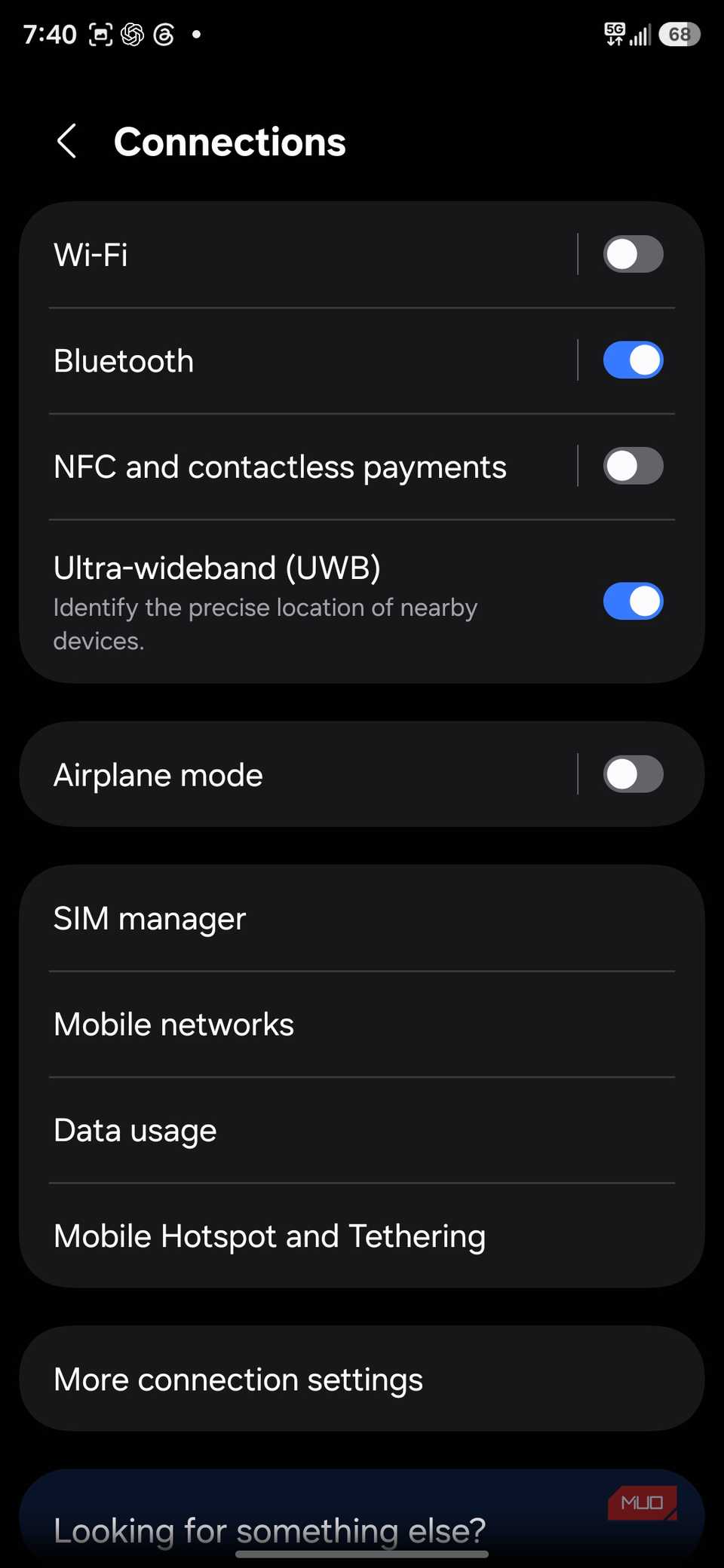 Smartphone connections settings menu with toggles