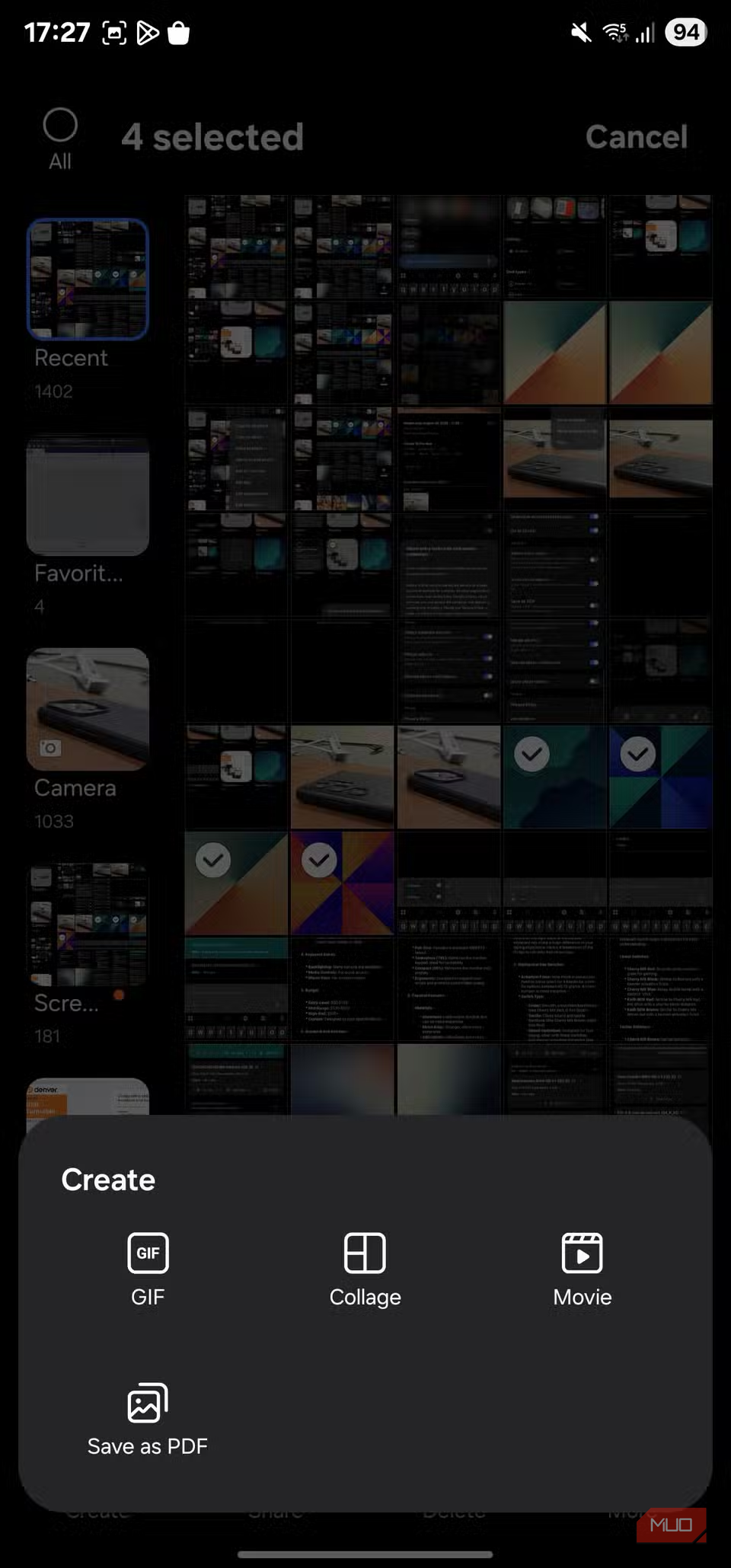 Smartphone photo gallery showing four selected images