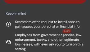 Smartphone screen warning about scam settings