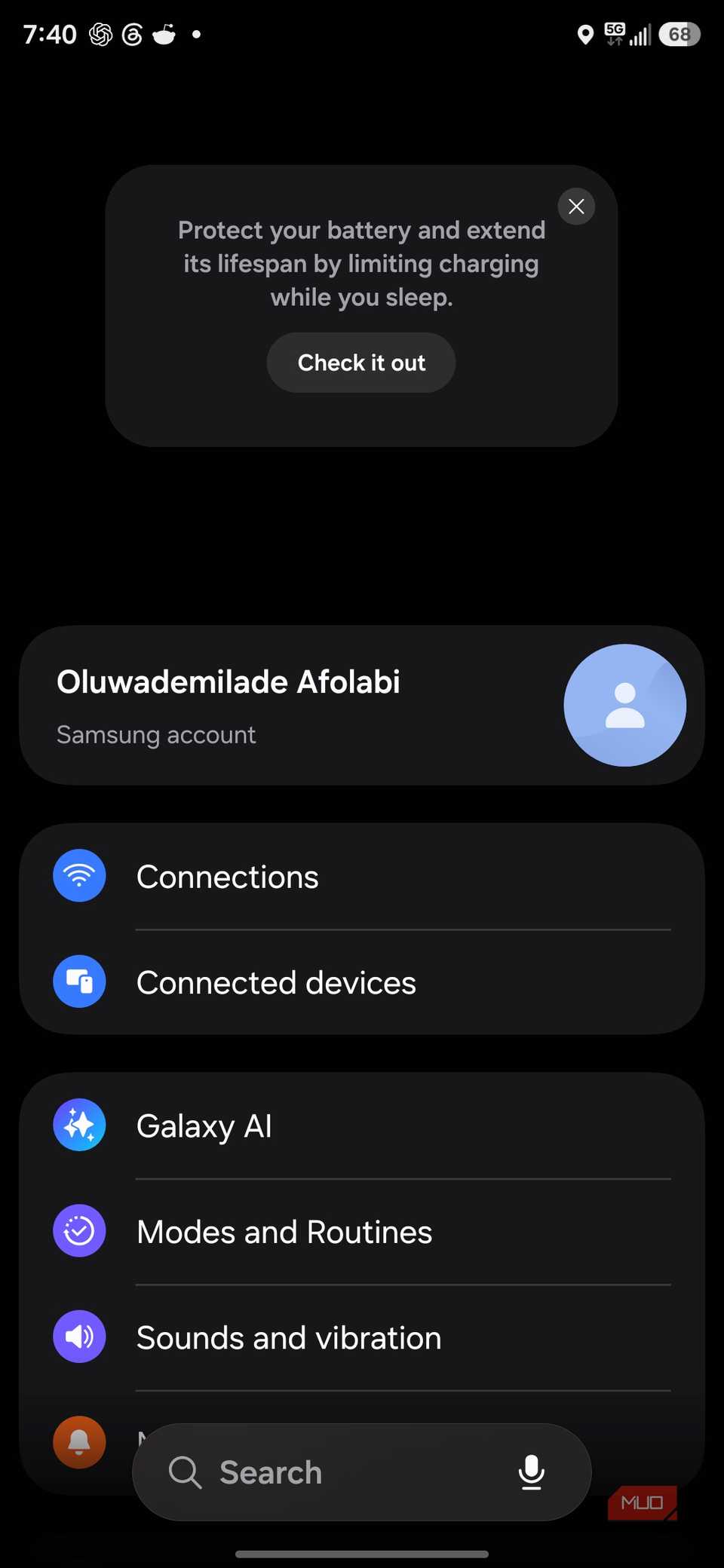 Smartphone settings menu with battery protection prompt