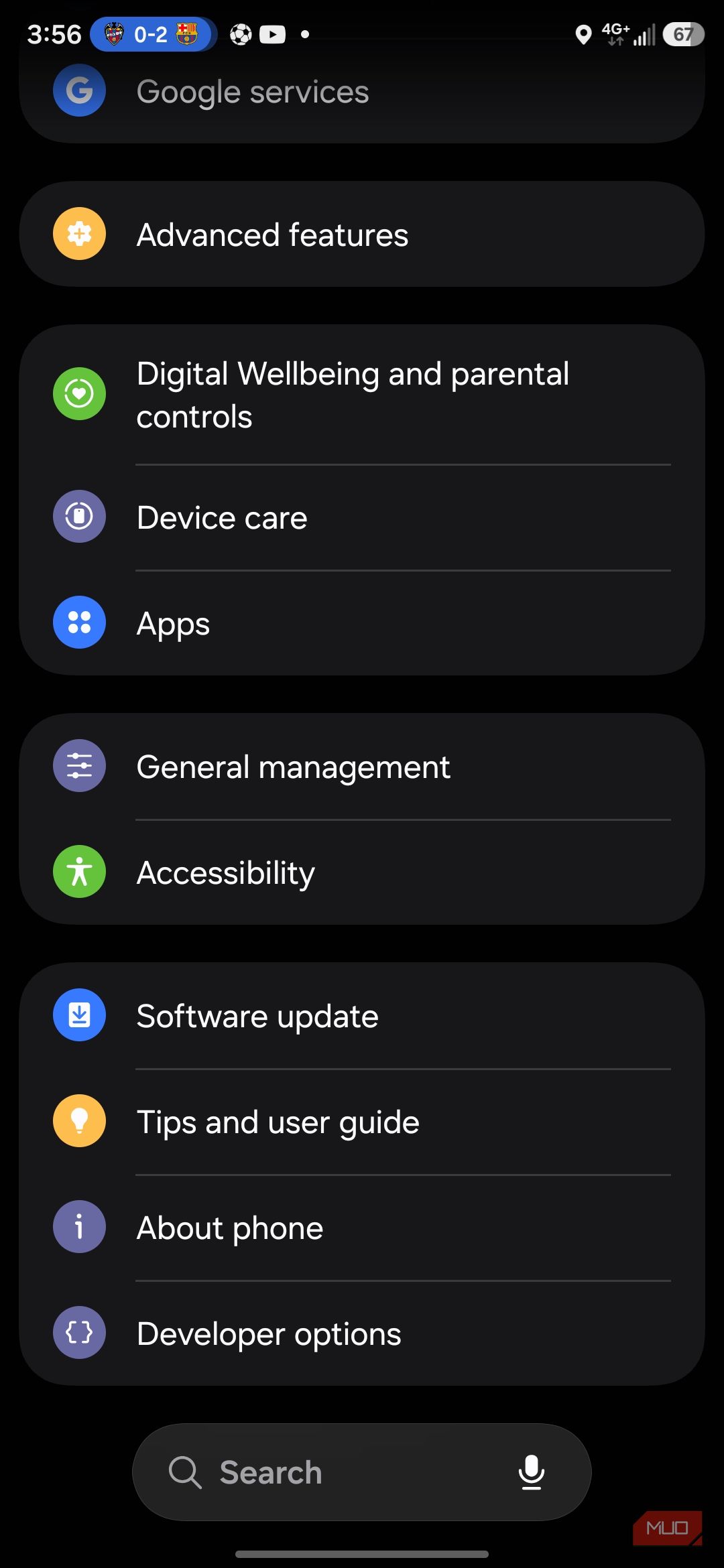 Smartphone settings menu with various options