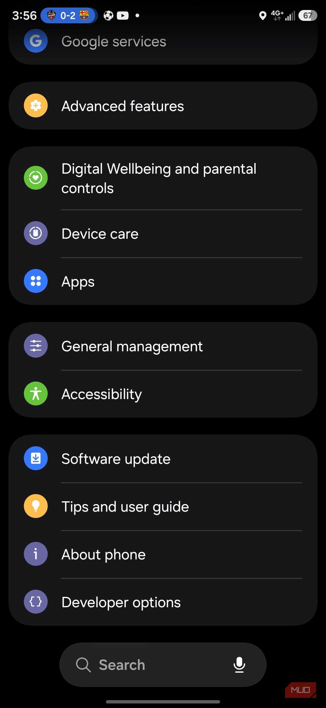 Smartphone settings menu with various options