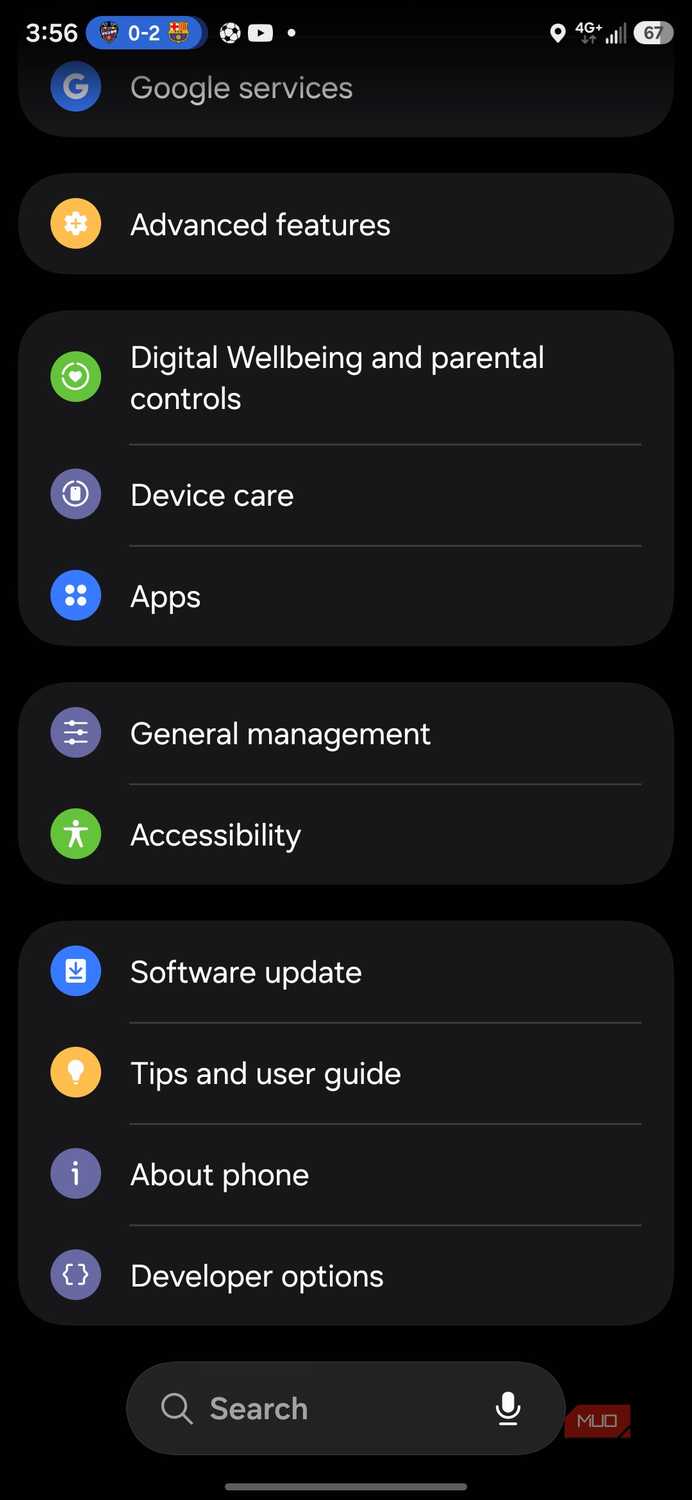 Smartphone settings menu with various options