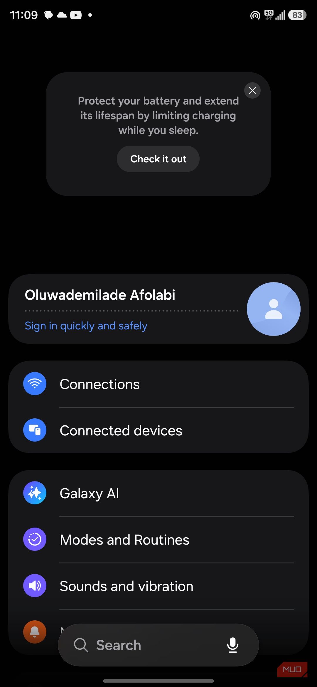 Smartphone settings menu