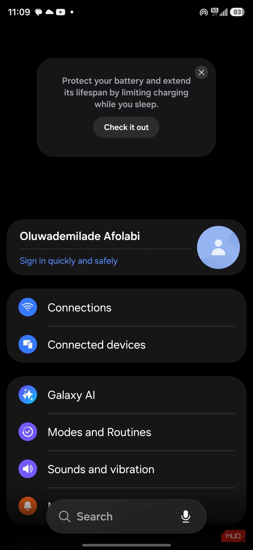 Smartphone settings menu