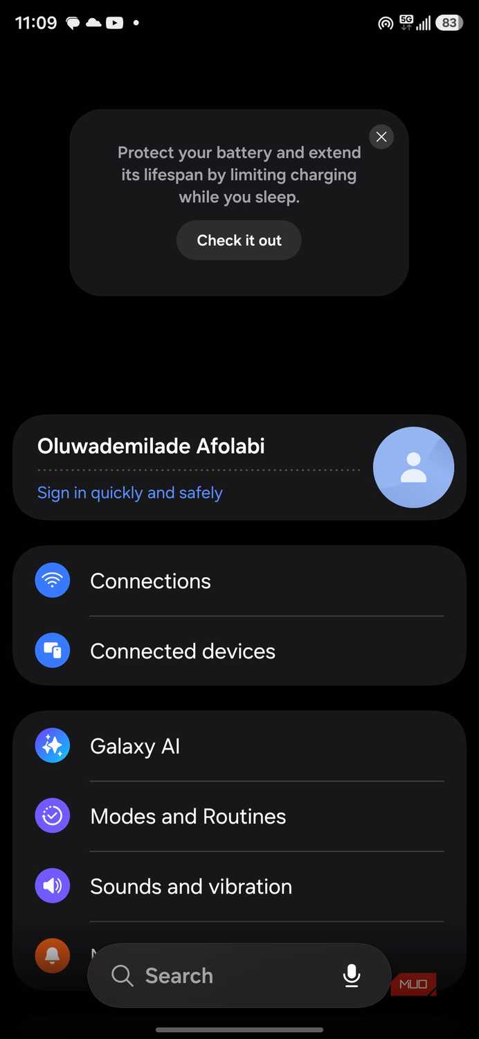 Smartphone settings menu