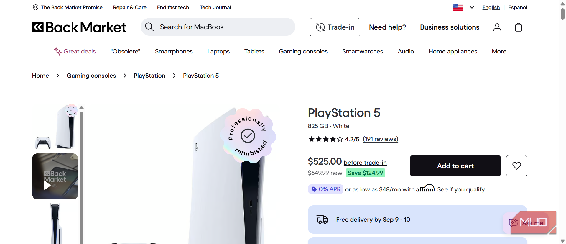 Sony PS listing on Back Market