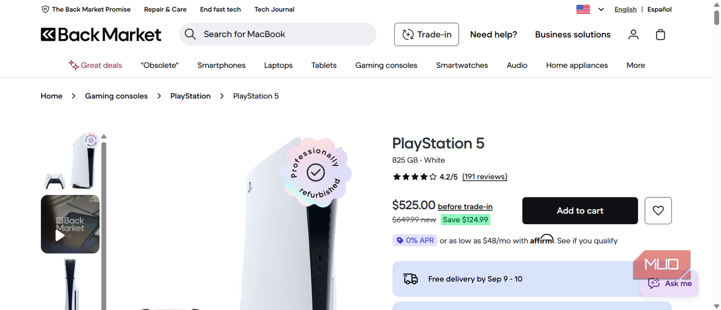 Sony PS listing on Back Market