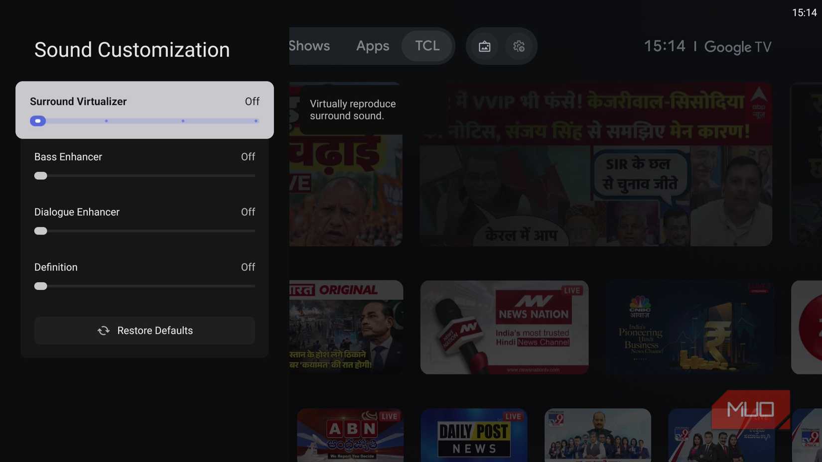 Sound customization settings on TV