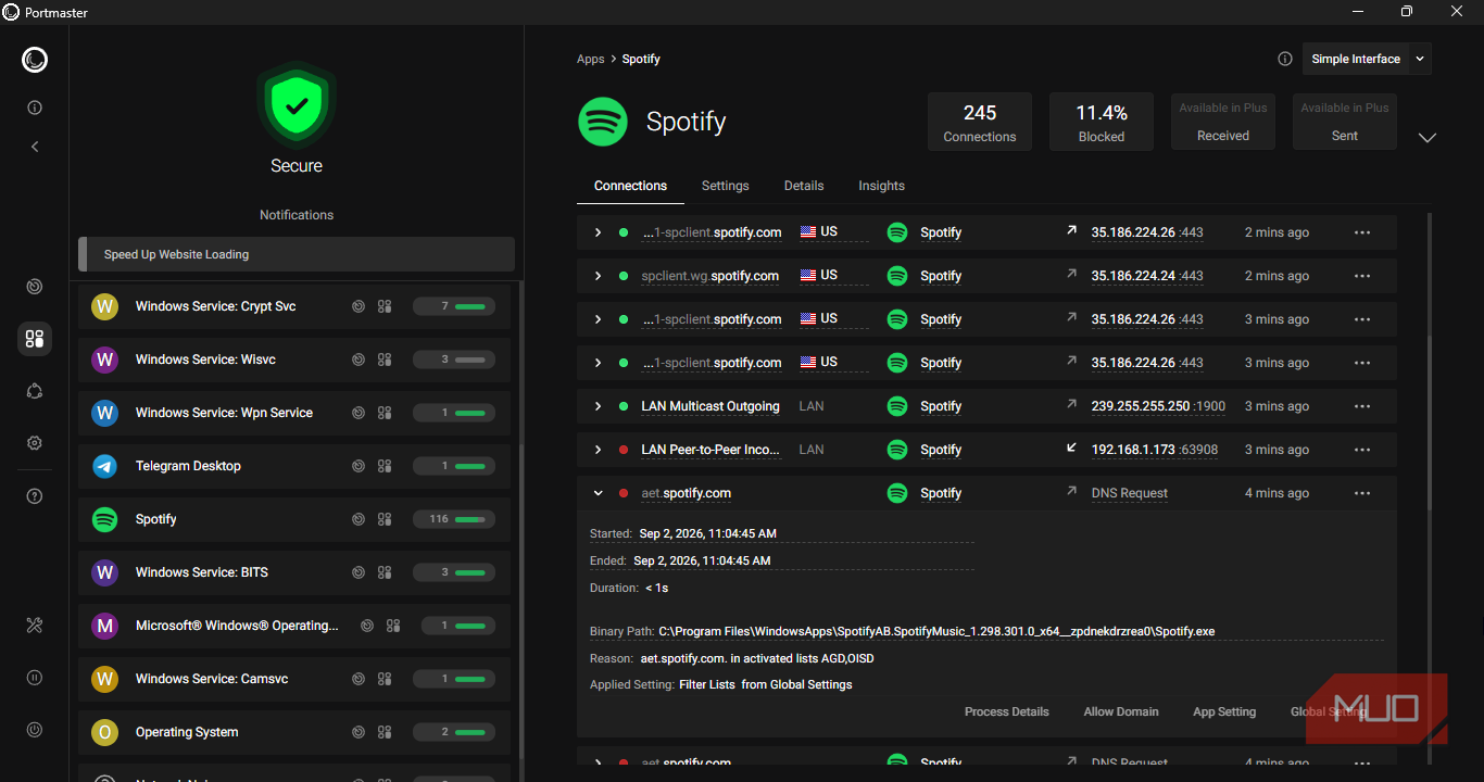 A blocked connection on Spotify inside Portmaster.