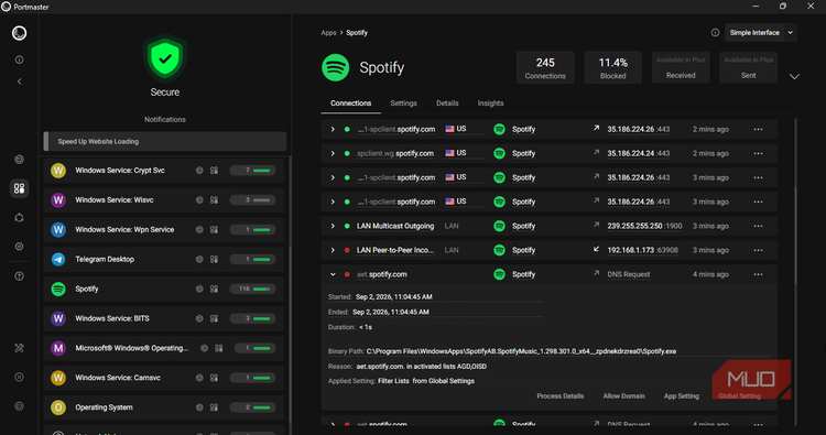 A blocked connection on Spotify inside Portmaster.