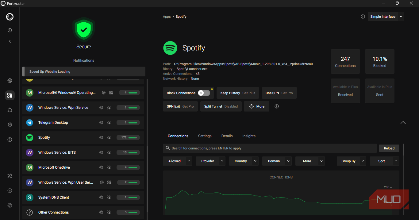 Spotify connection activity log on Portmaster.