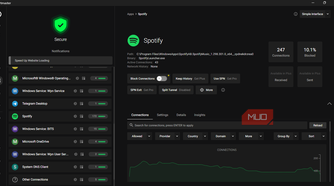 Spotify connection activity log on Portmaster.