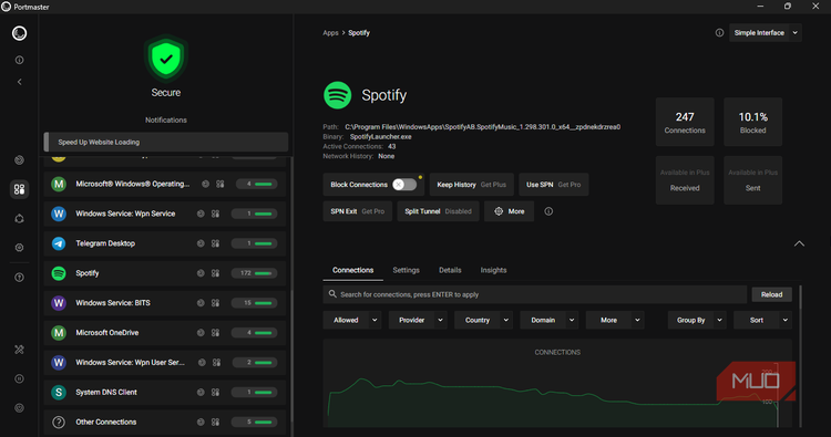 Spotify connection activity log on Portmaster.