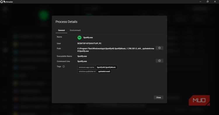 Spotify connection log details on Portmaster Window 11.