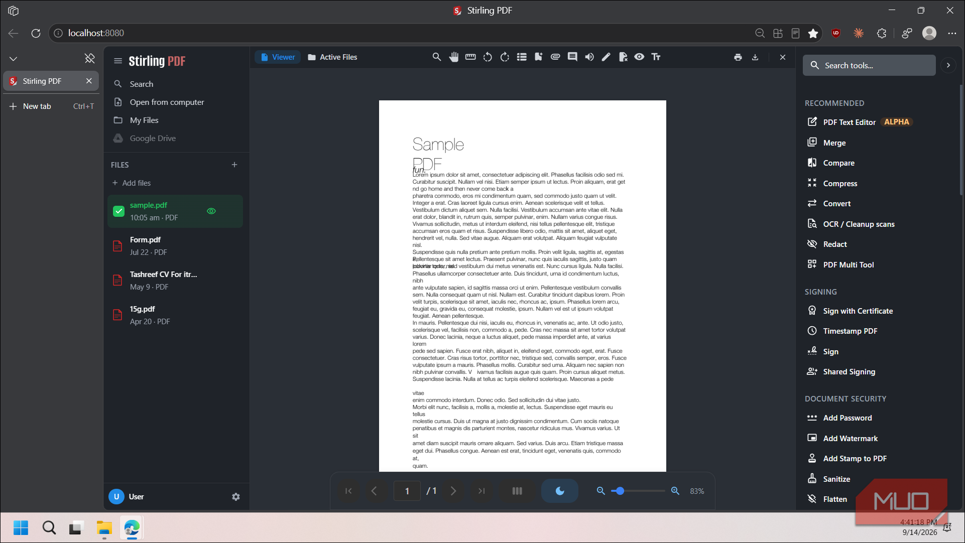 stirling pdf editor interface with sample pdf document open